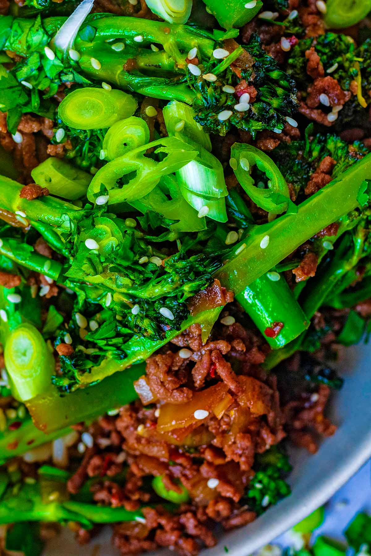 Cooked ground beef in a sticky sauce with broccoli and chopped spring onions.