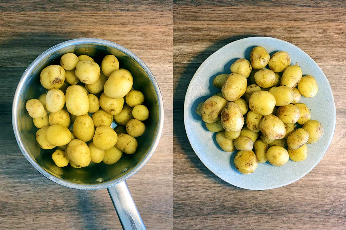 Two shot collage of cooked new potatoes in a pan and then on a plate.