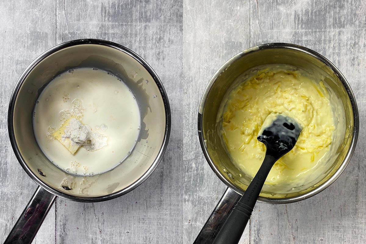 Two shot collage of cheese sauce being made in a saucepan, before and after mixing.