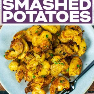 Crispy smashed potatoes with a text title overlay.