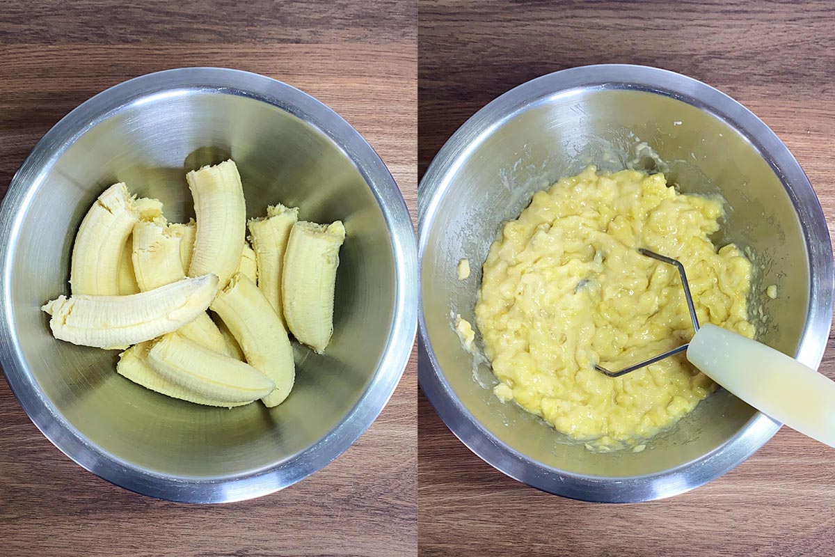Two shot collage of bananas in a metal bowl, before and after being mashed.