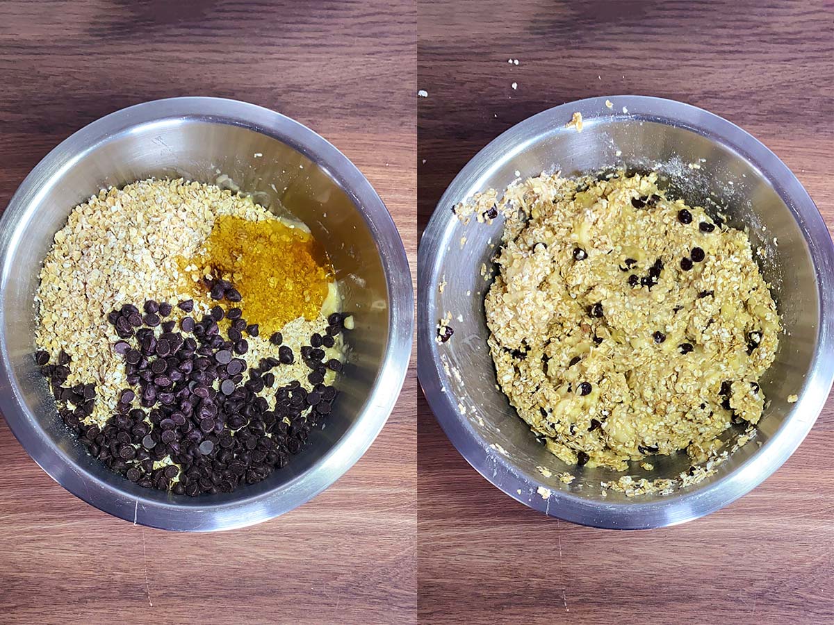 Two shot collage of oats, chocolate chips and honey added to the bowl, before and after mixing.