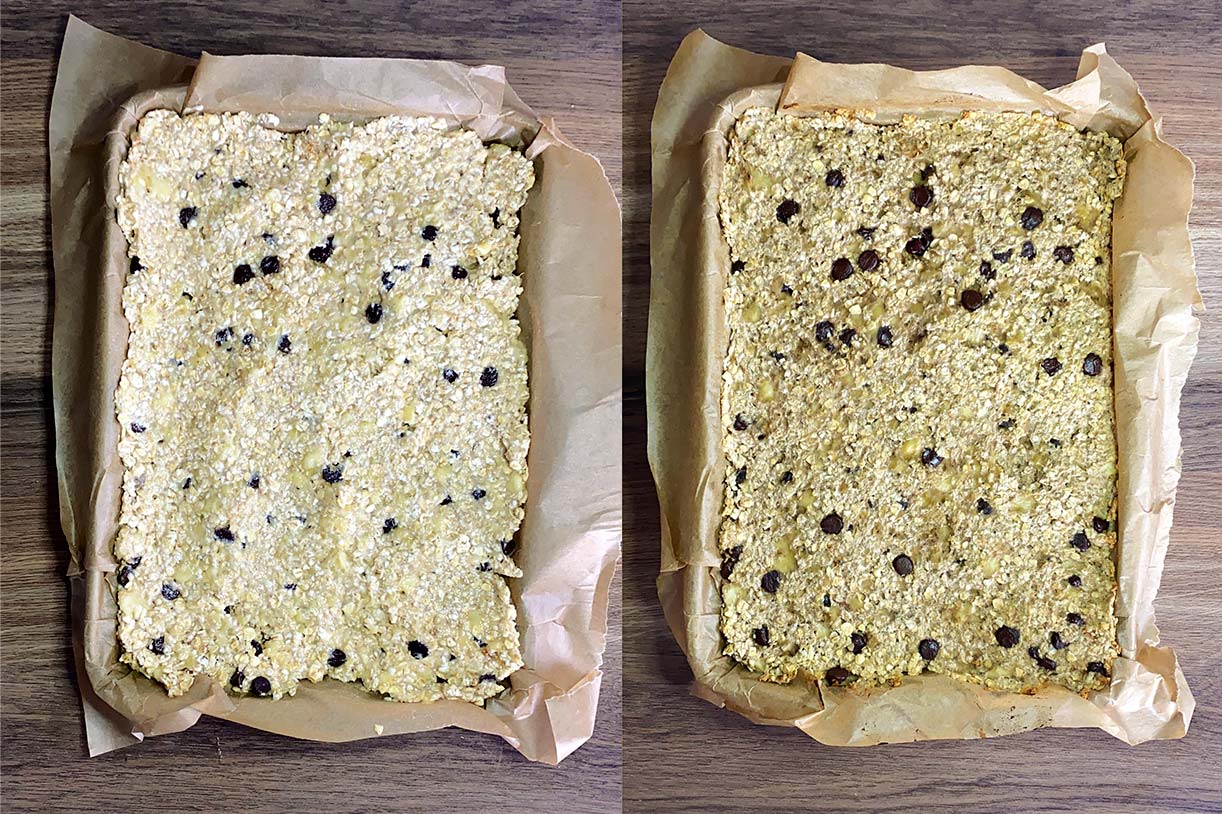 Two shot collage of a slab of flapjack in a baking tray, before and after cooking.