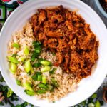 Honey Garlic Chicken on a plate with rice topped with spring onions.