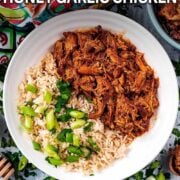 Slow cooker honey garlic chicken with a text overlay title.