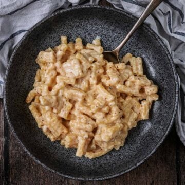 A bowl of slow cooker mac and cheese.