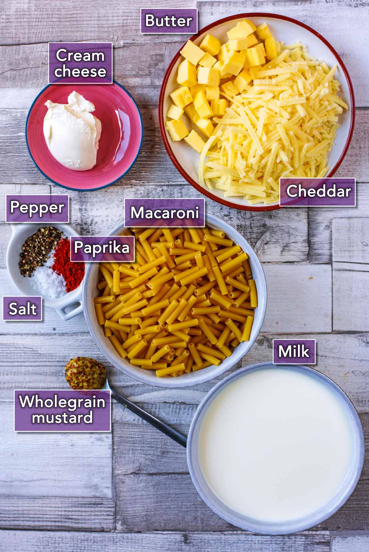 All the ingredients needed for slow cooker mac and cheese.