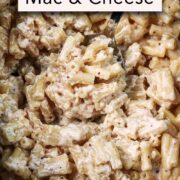 Slow cooker mac and cheese with a text overlay title.