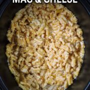 Slow cooker mac and cheese with a text overlay title.