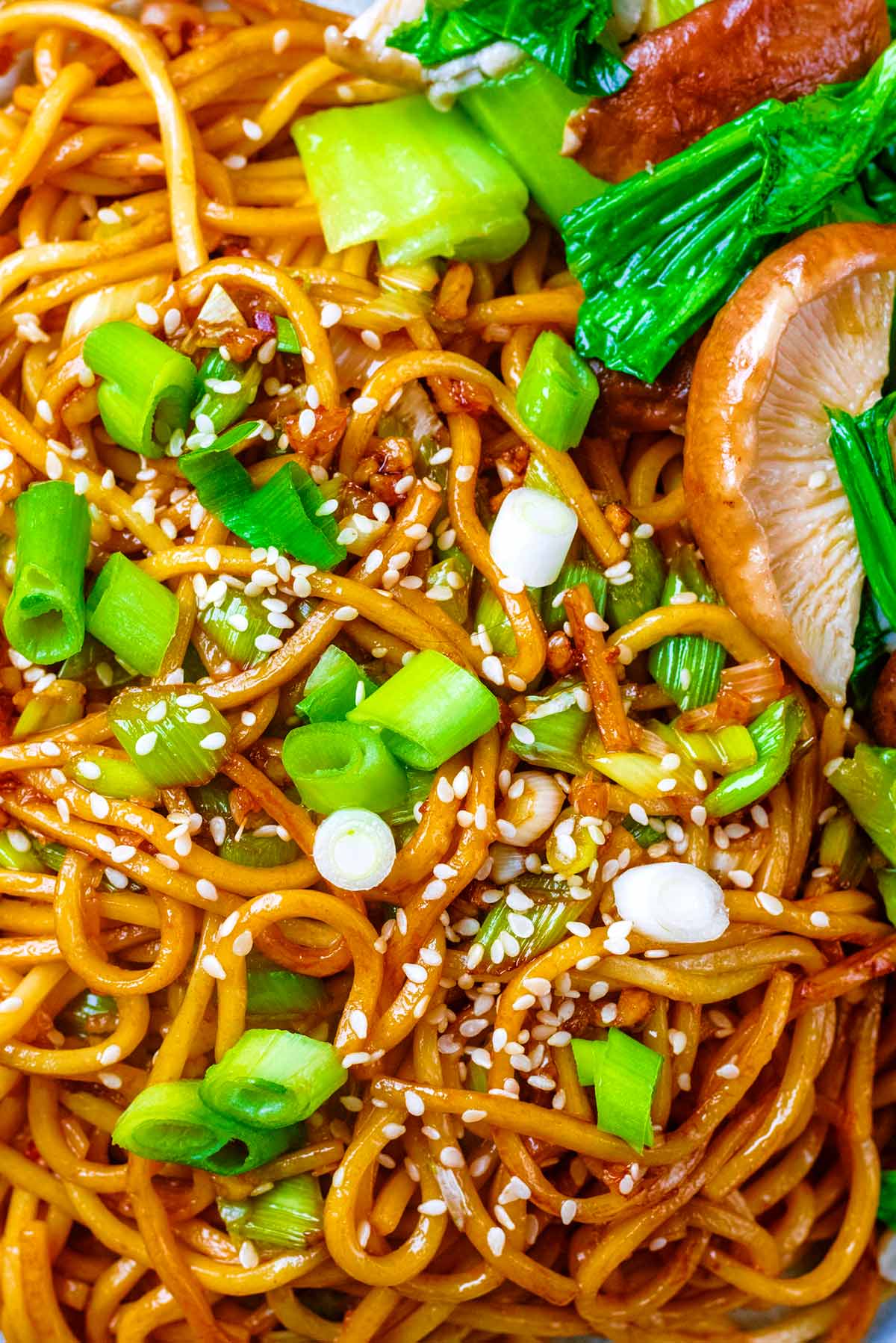 Noodles in sauce topped with chopped spring onions and sesame seeds.