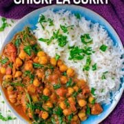 10 minute chickpea curry with a text overlay title.