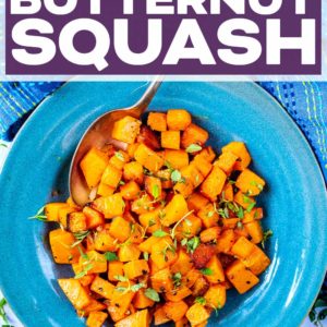 Roasted butternut squash with a text title overlay.