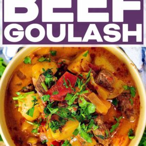 Slow cooker beef goulash with a text title overlay.