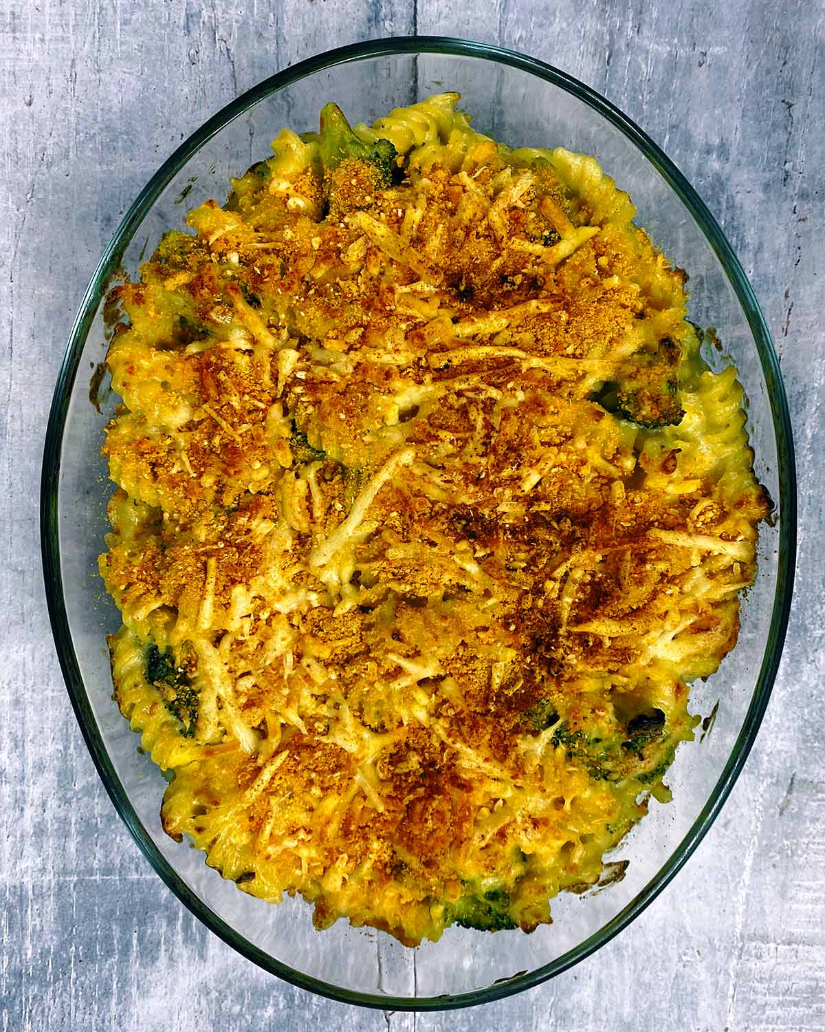 The pasta and cauliflower topped with breadcrumbs and baked until golden brown.