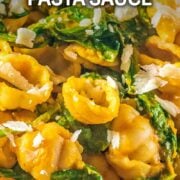 Butternut squash pasta sauce with a text overlay title.