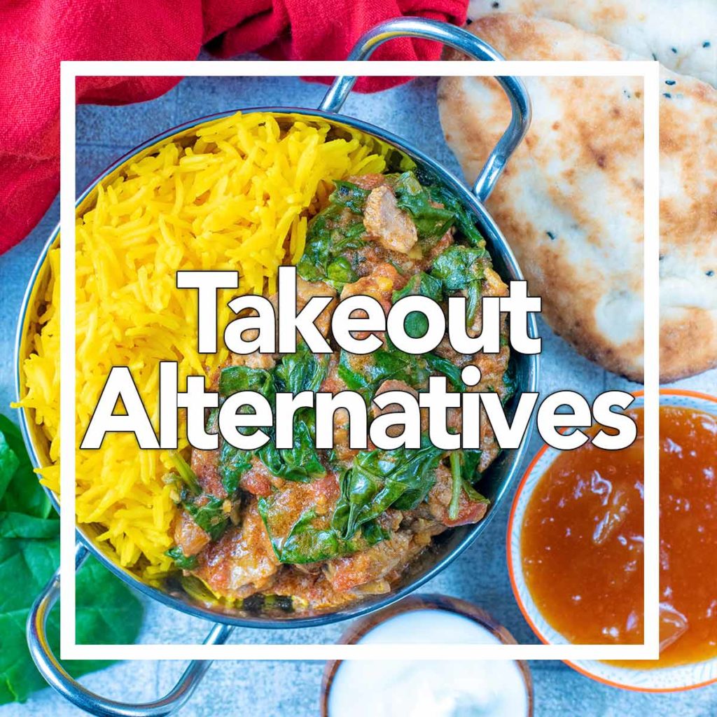 A bowl of curry and rice with a text overlay saying takeout alternatives.