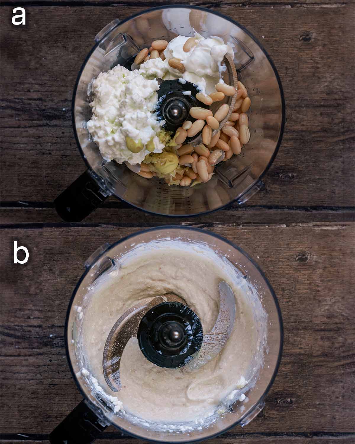 Two shot collage of beans, cottage cheese, yogurt and mustard in a food processor, before and after blending.