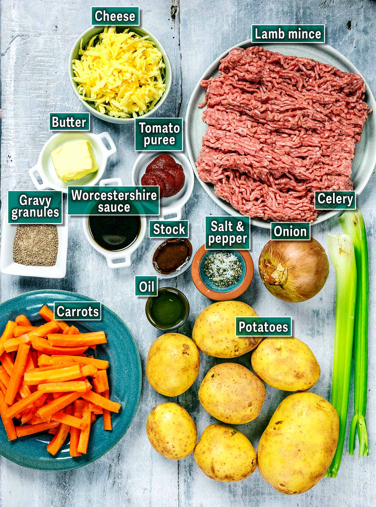 All the ingredients needed for this recipe with text overlay labels.