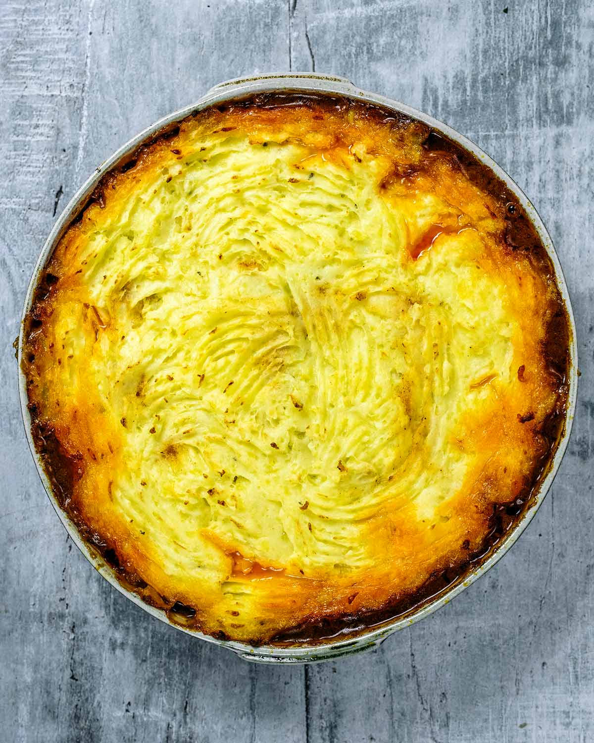 Cooked shepherd's pie with a golden top. 