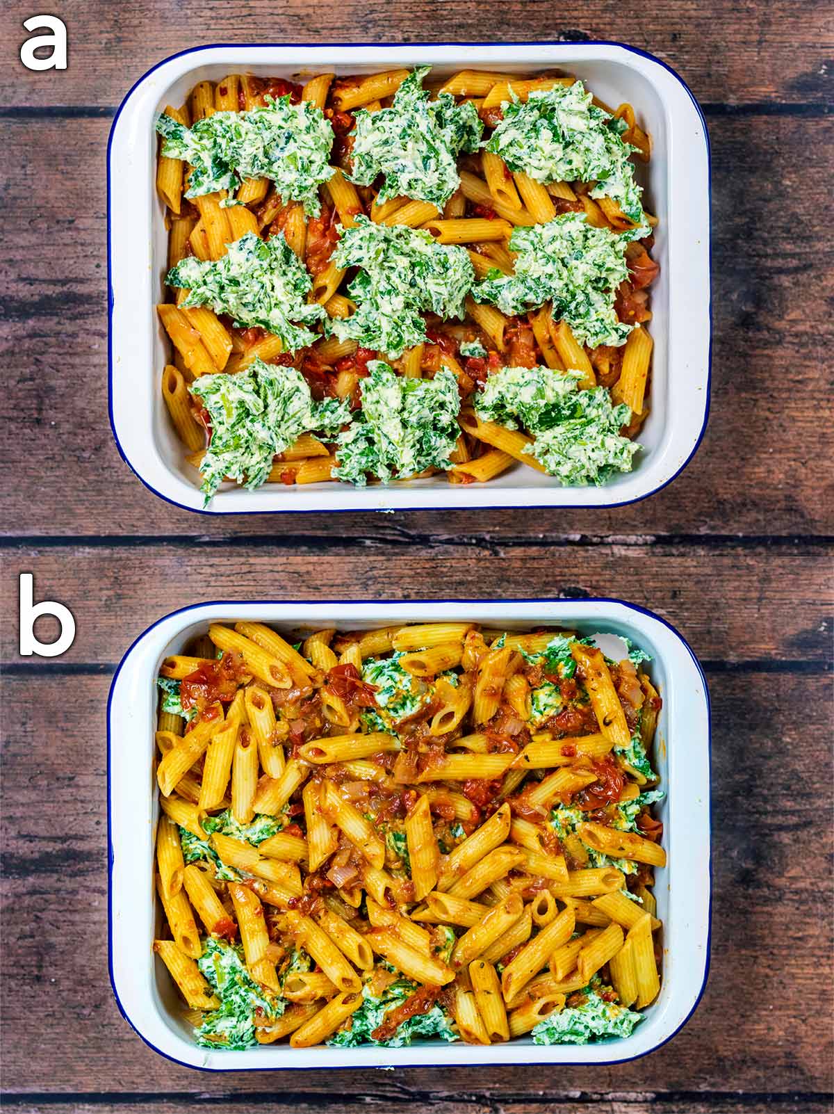 Two shot collage of a baking tin, first with the pasta and sauce and spinach mixture, then with more pasta on top.