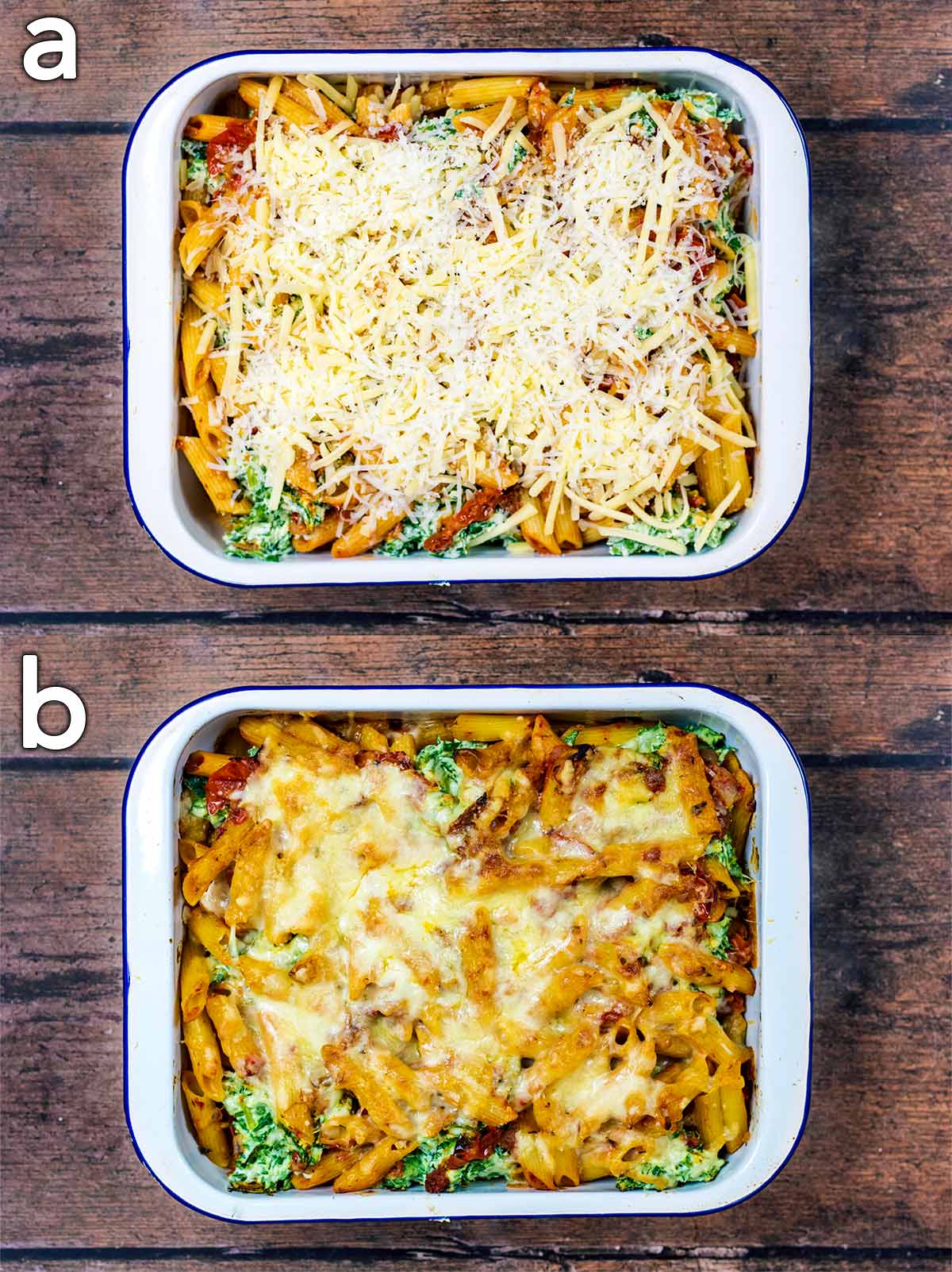 Two shot collage of the pasta bake, first topped with grated cheddar, then with the cheddar melted.