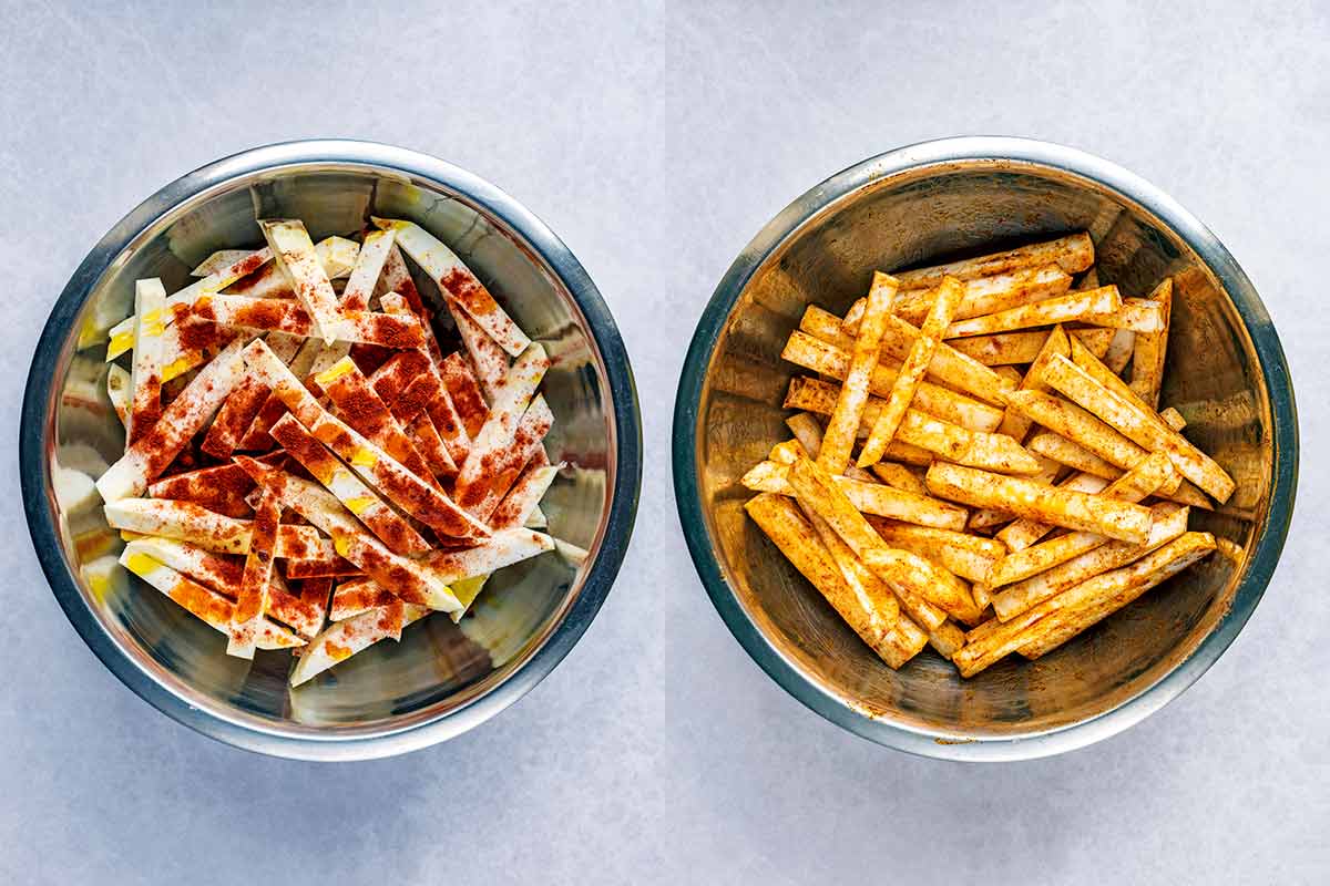 Two shot collage of chips, oil and paprika in a bowl, before and after mixing.