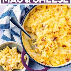 Chorizo mac and cheese with a text title overlay.