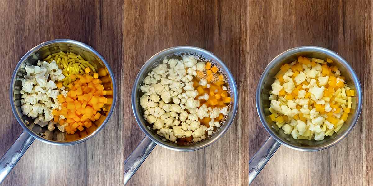 Three shot collage of macaroni, butternut squash and cauliflower cooking in a saucepan.