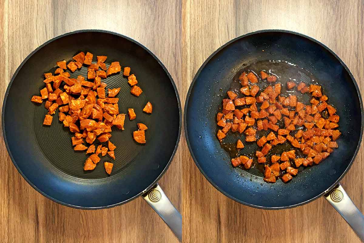 Two shot collage of small cubes of chorizo frying in a pan.