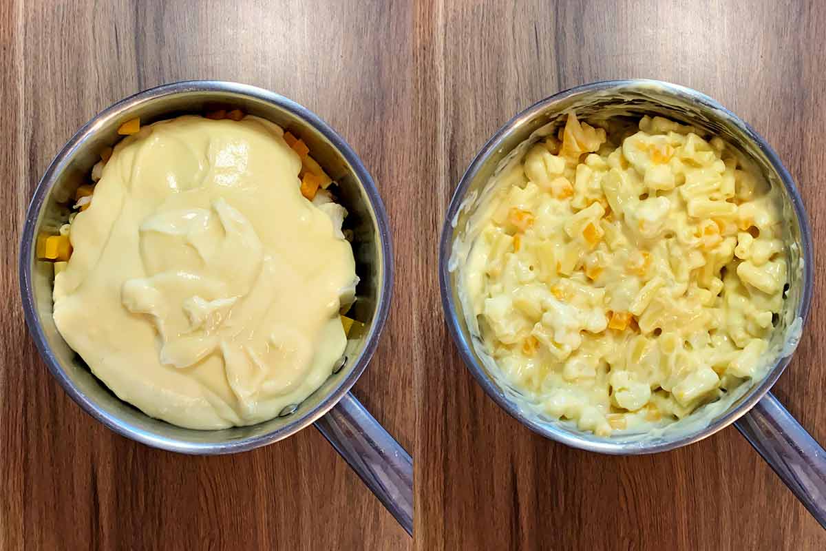 Two shot collage of the cooked pasta, vegetables and cheese sauce in a pan, before and after mixing.