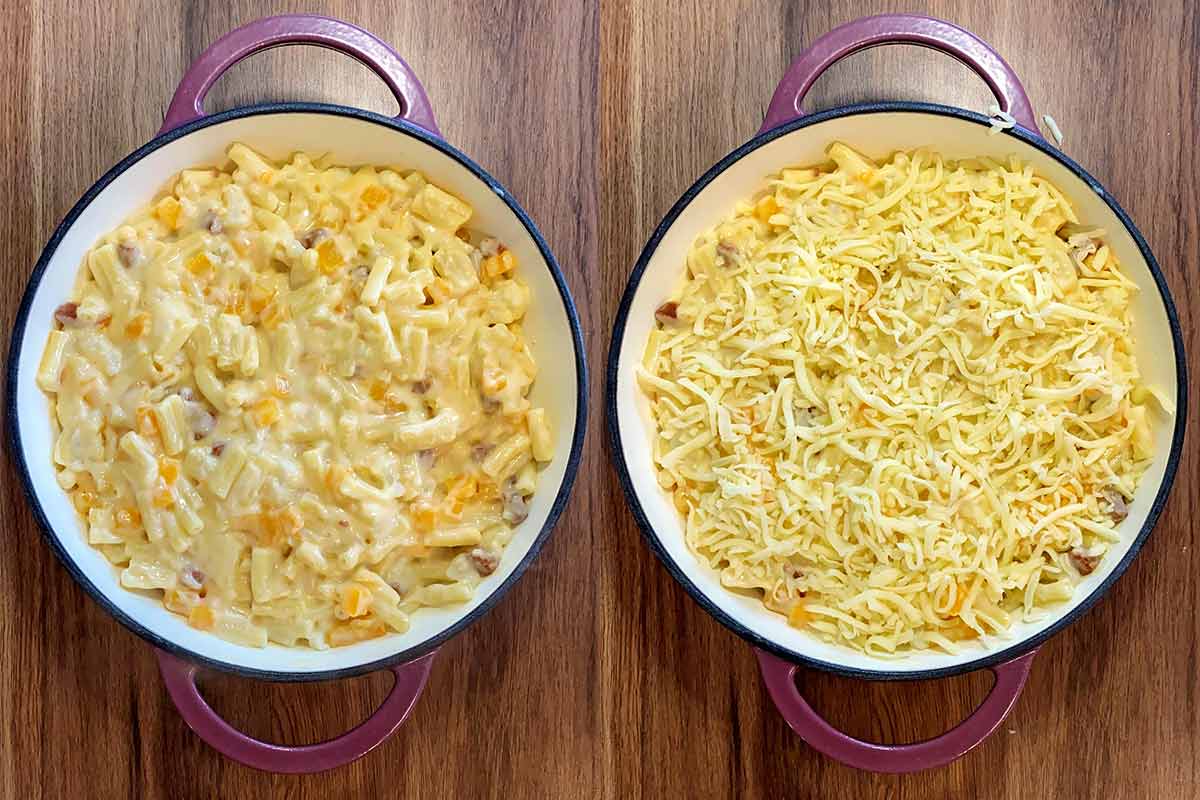 Two shot collage of the pasta and chorizo mix in a shallow baking dish, then topped with grated cheese.