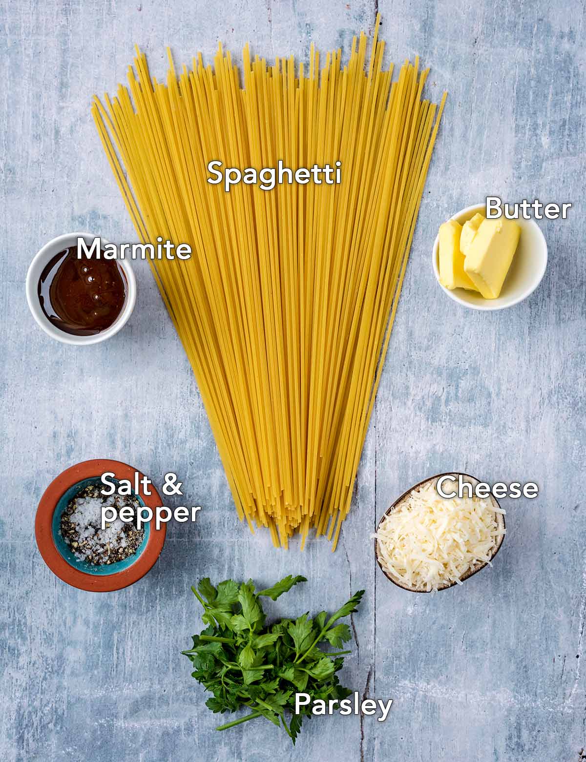 All the ingredients needed for this recipe with text overlay labels.