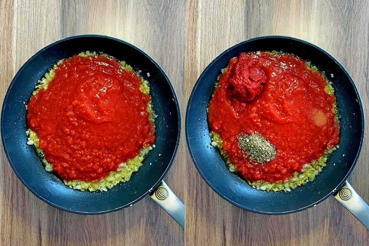 Two shot collage of chopped tomatoes added to the pan then tomato puree, herbs and sugar started.
