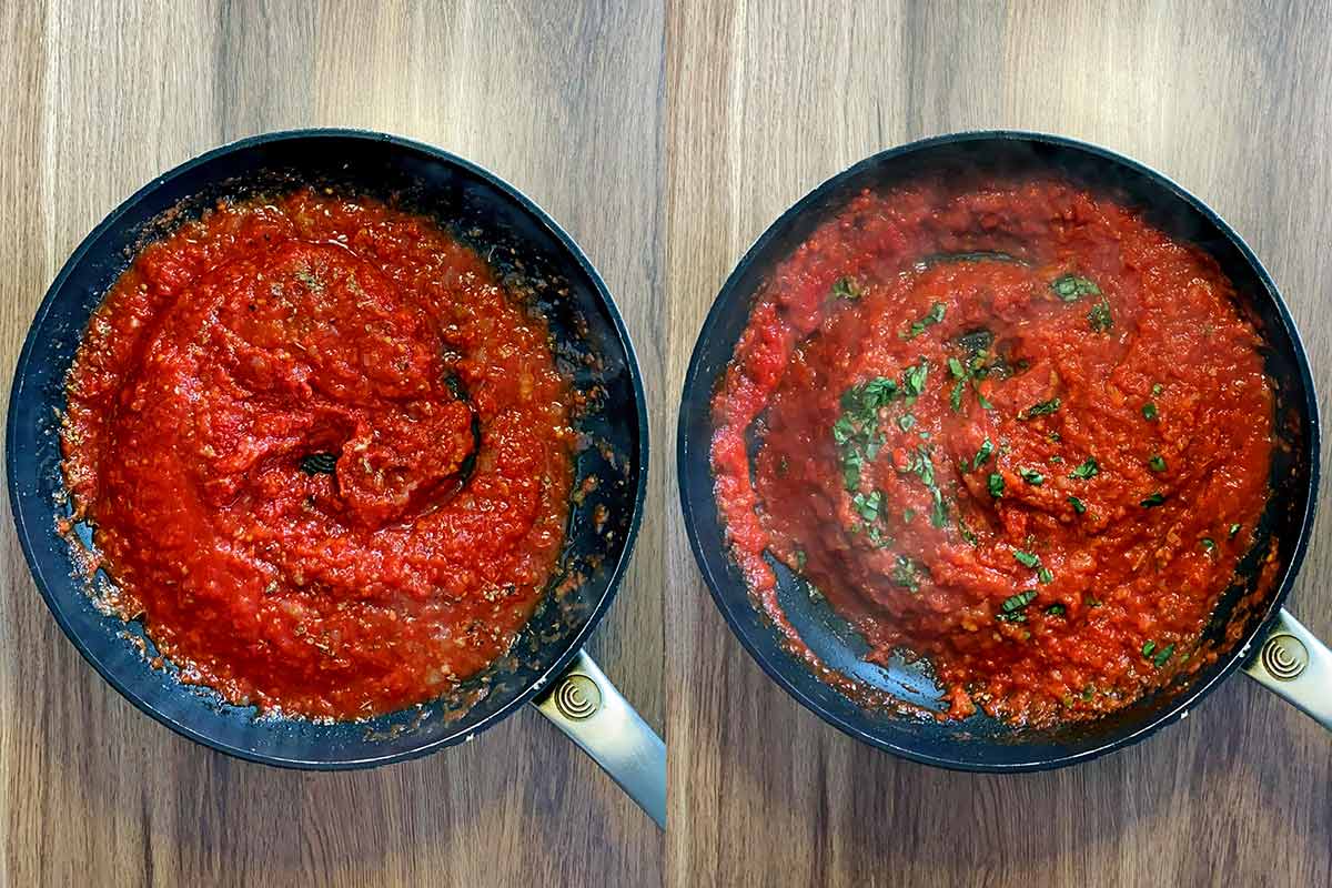Two shot collage of the sauce mixed together then chopped basil added.