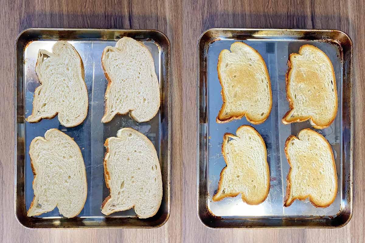 Two shot collage of four slices of bread on a baking tray, before and after toasting.