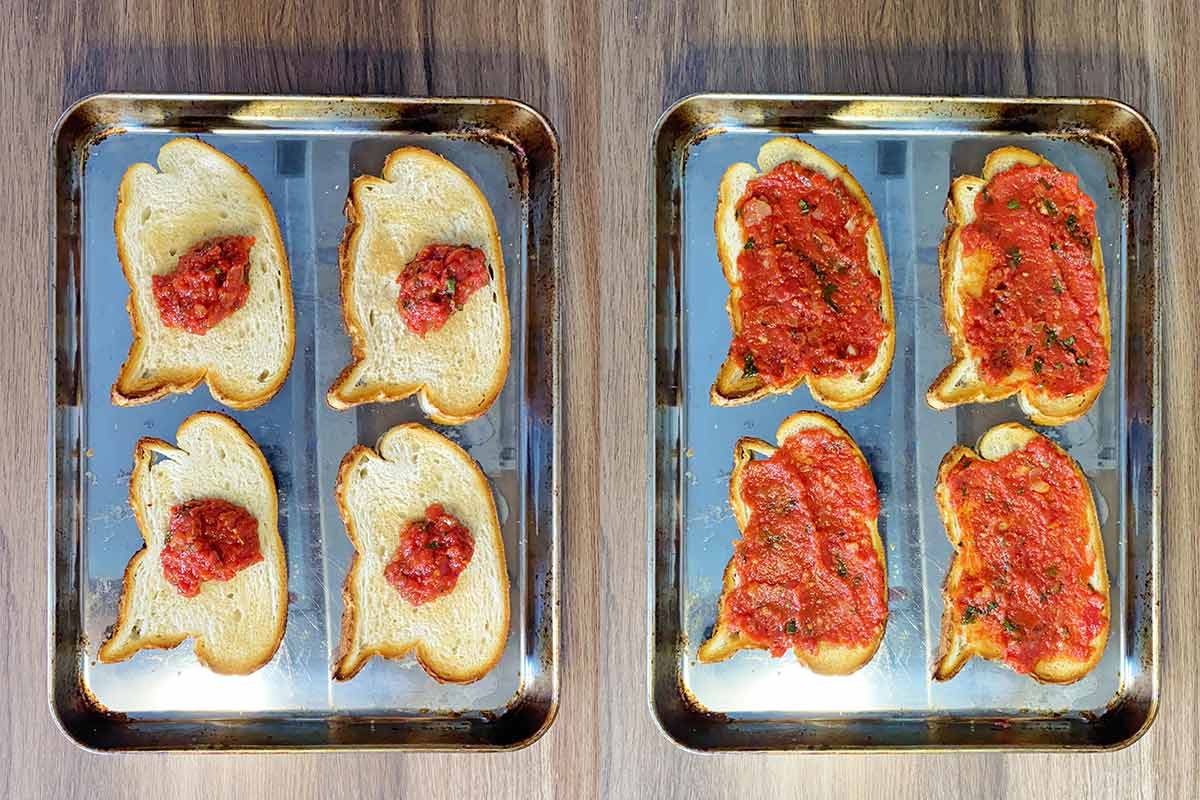 Pizza sauce added to the bread and then spread over each slice.