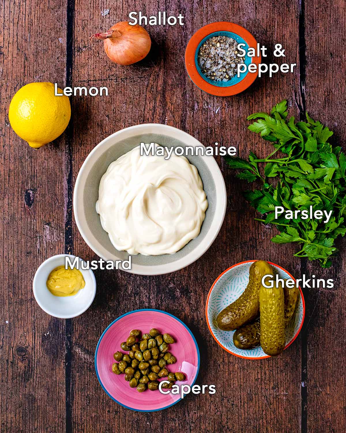 All the ingredients needed for this recipe with text overlay labels.