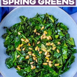 Garlic Spring Greens with a text title overlay.