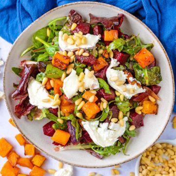 Goat's Cheese and Pumpkin Salad in a large round bowl.