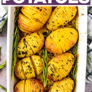 Hasselback potatoes with a text title overlay.