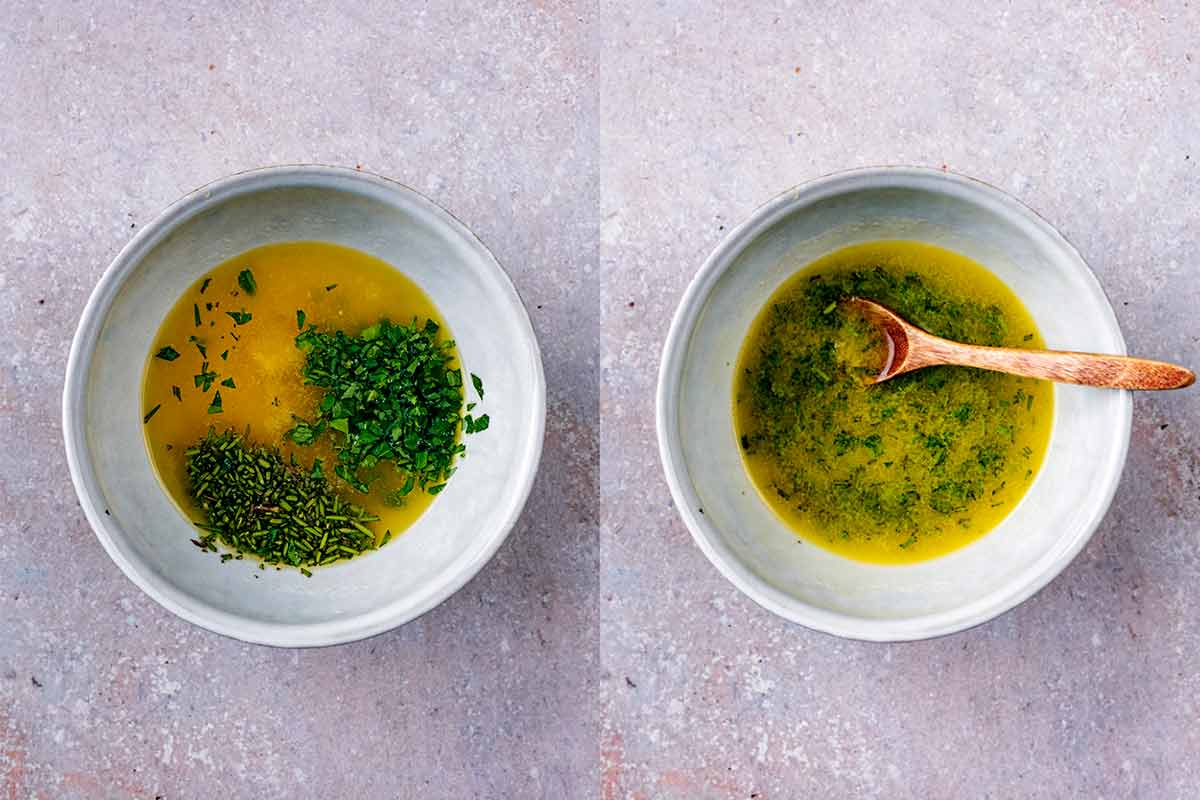 Two shot collage of melted butter and chopped herbs in a bowl, before and after mixing.