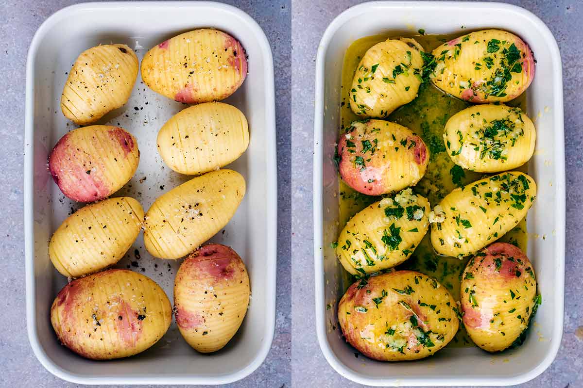 Two shot collage of uncooked hasselback potatoes in a baking dish, first plain, then with herb butter poured over.