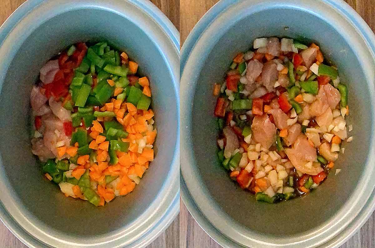 TWo shot collage of chicken and vegetables in a slow cooker, then with sauce poured over.