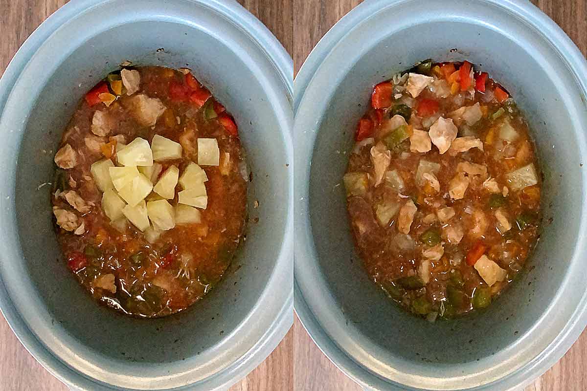 Two shot collage of pineapple chunks added to the slow cooker, before and after mixing.