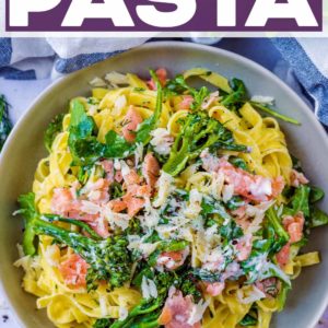 Smoked Salmon Pasta with a text title overlay.