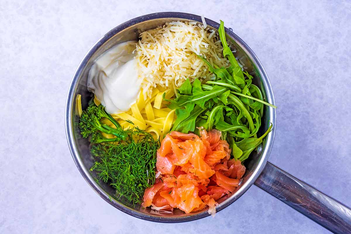 All the ingredients in a pan, ready to be mixed.