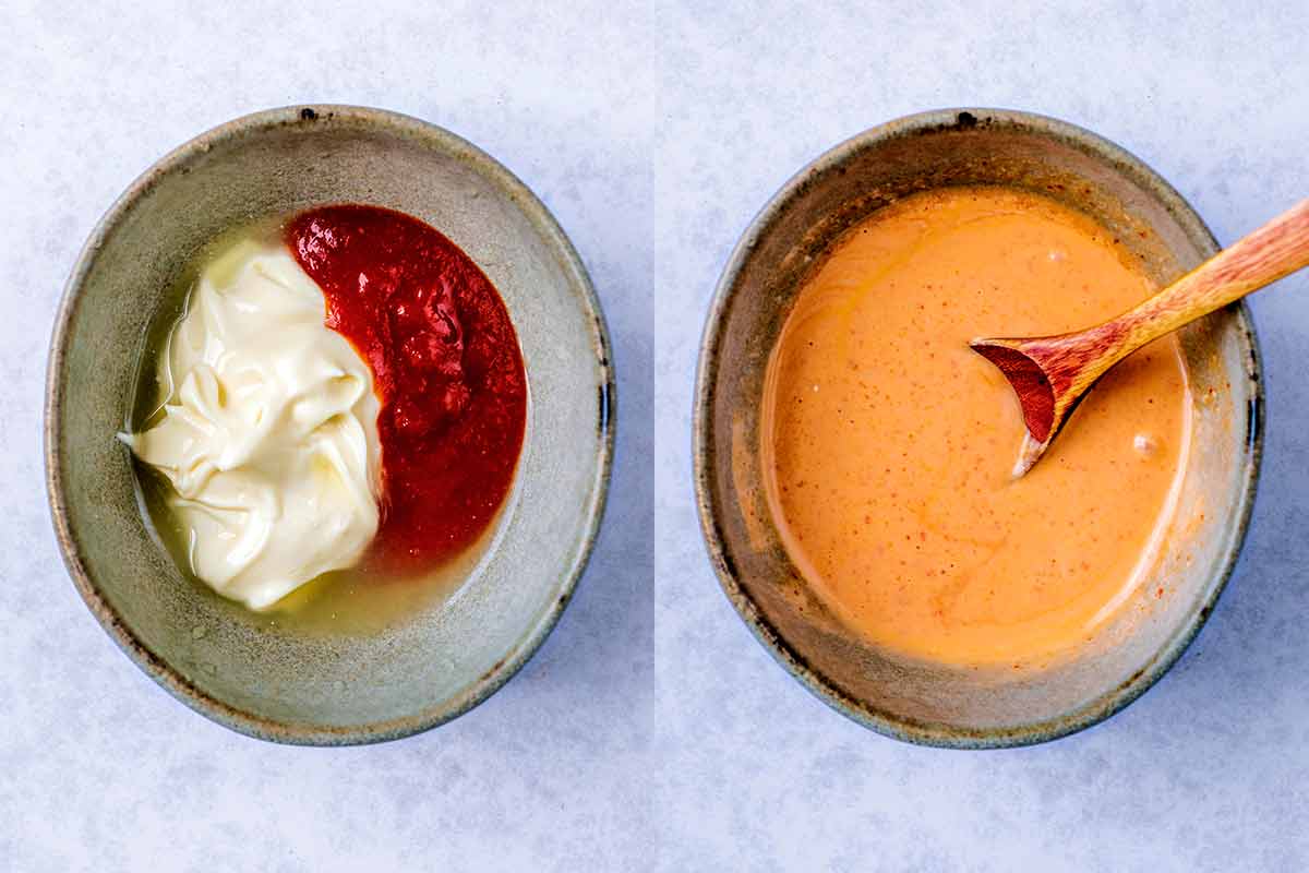 Mayonnaise, sriracha sauce and lime juice in a bowl, before and after mixing.