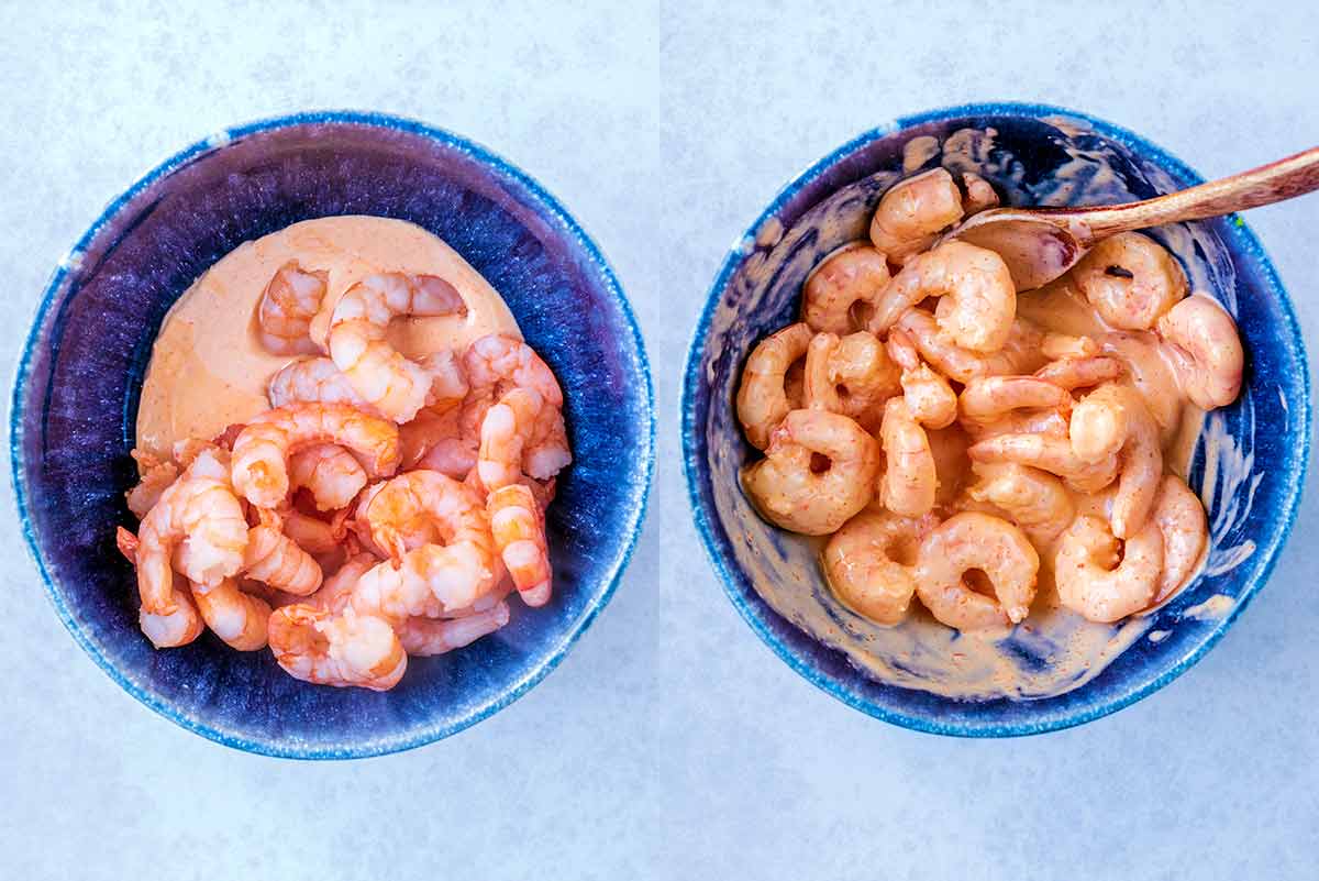 The prawns and sauce in a bowl before and after mixing.