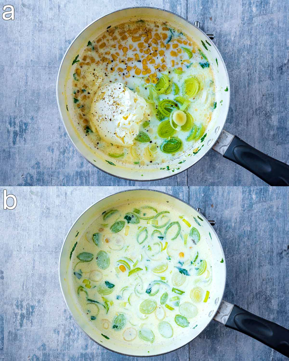 Two shot collage showing a pan containing milk, sweetcorn, leeks and cream cheese, before and after mixing.