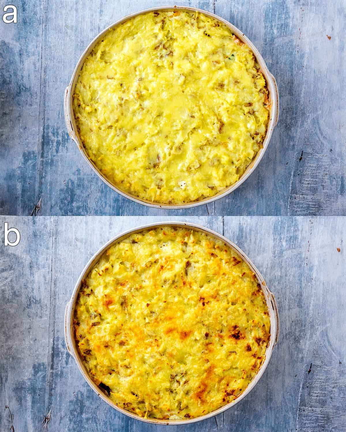 Two shot collage showing cooked fish pie with melted cheese on top then with the cheese browned.